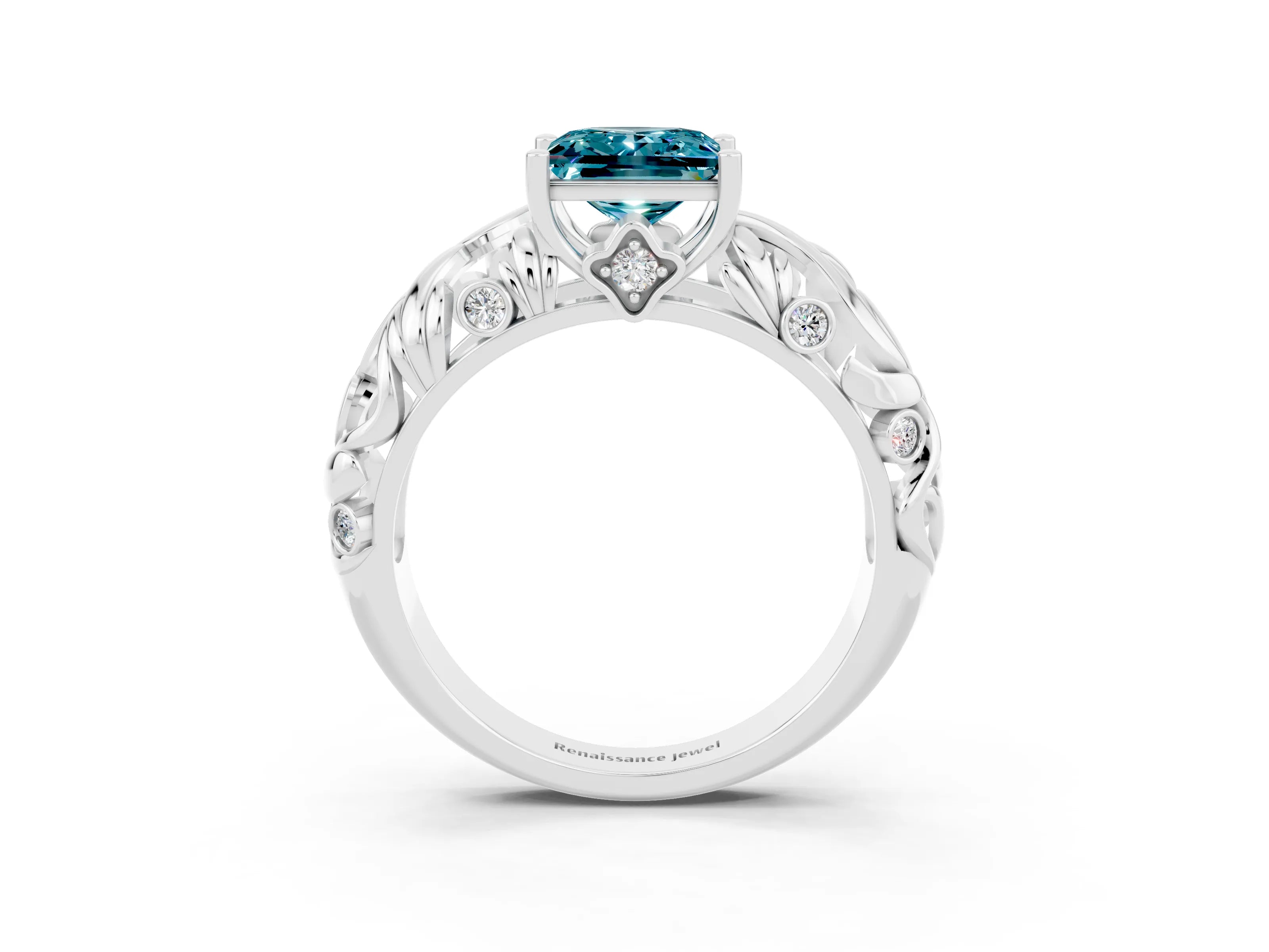 White gold Princess Cut Solitaire Blue Topaz Leaf-Inspired Vine Band Ring with Prong Setting_3