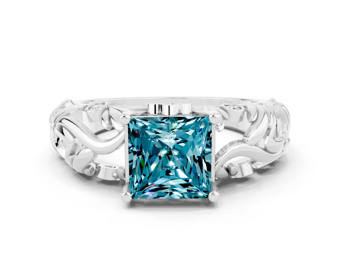 White gold Princess Cut Solitaire Blue Topaz Leaf-Inspired Vine Band Ring with Prong Setting