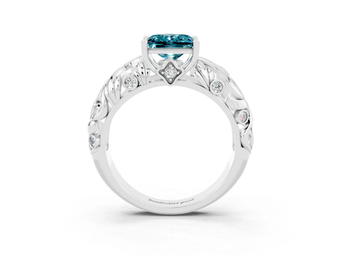 White gold Princess Cut Solitaire Blue Topaz Leaf-Inspired Vine Band Ring with Prong Setting_3