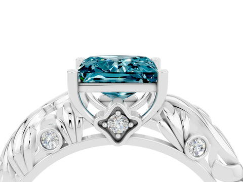 White gold Princess Cut Solitaire Blue Topaz Leaf-Inspired Vine Band Ring with Prong Setting_4