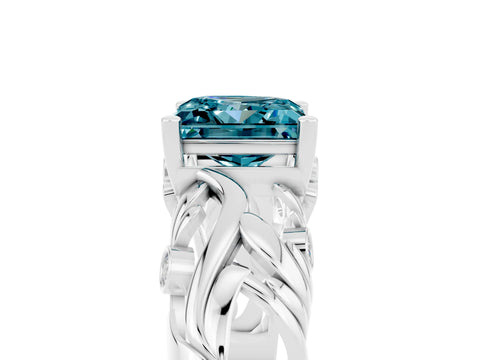 White gold Princess Cut Solitaire Blue Topaz Leaf-Inspired Vine Band Ring with Prong Setting_5