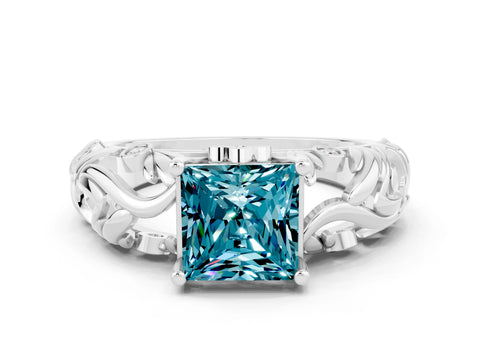 White gold Princess Cut Solitaire Blue Topaz Leaf-Inspired Vine Band Ring with Prong Setting