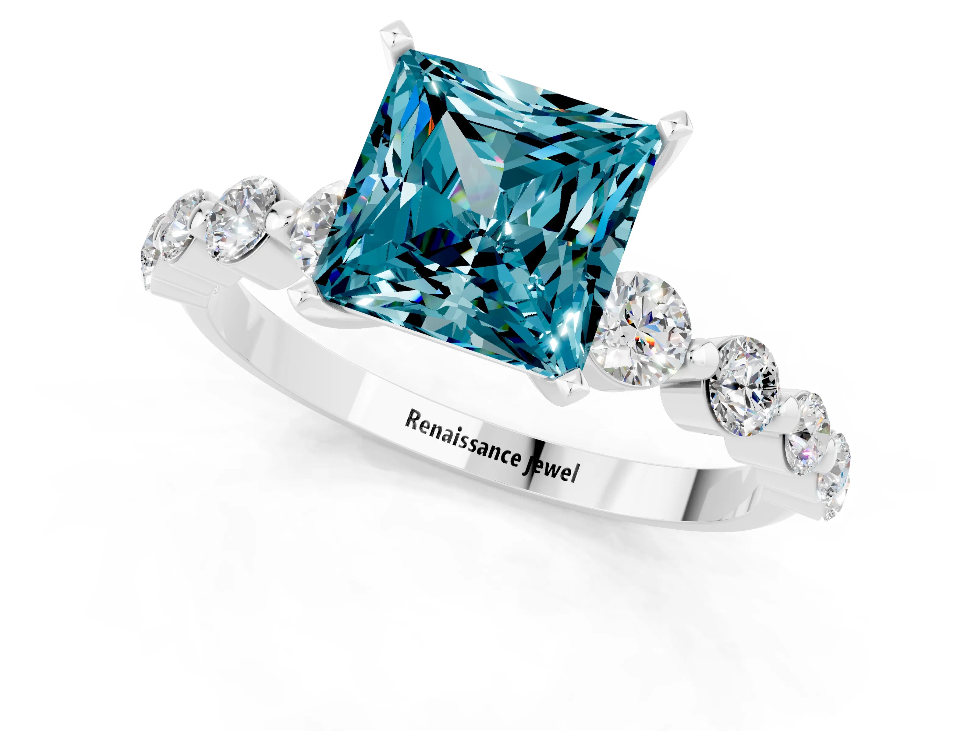 White gold Princess Cut Solitaire Blue Topaz Ring with Pave Band and Four-Prong Setting_1