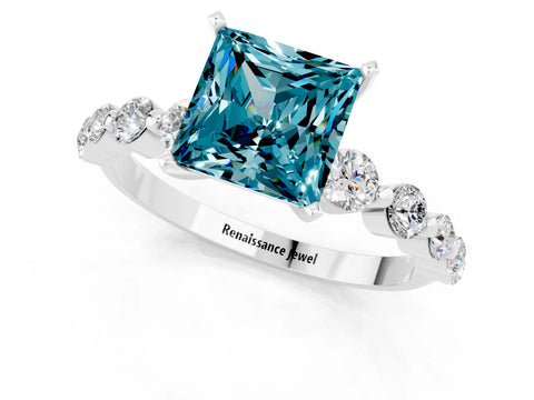 White gold Princess Cut Solitaire Blue Topaz Ring with Pave Band and Four-Prong Setting_1