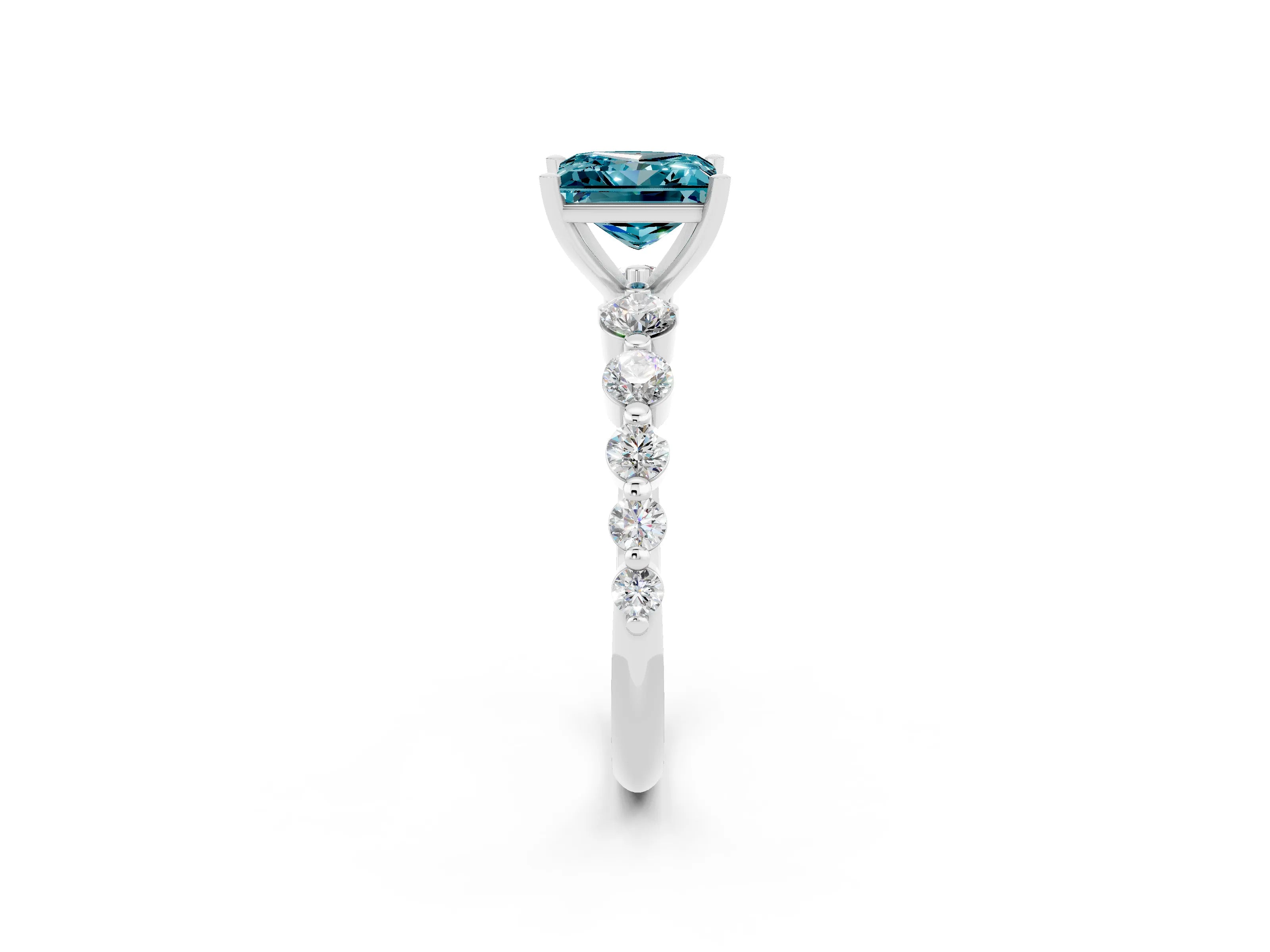 White gold Princess Cut Solitaire Blue Topaz Ring with Pave Band and Four-Prong Setting_2