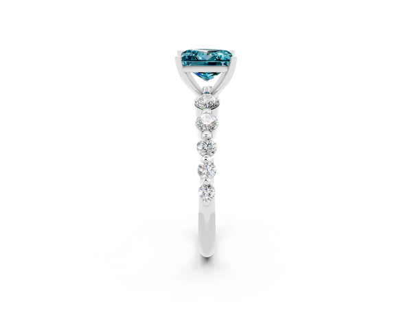 White gold Princess Cut Solitaire Blue Topaz Ring with Pave Band and Four-Prong Setting