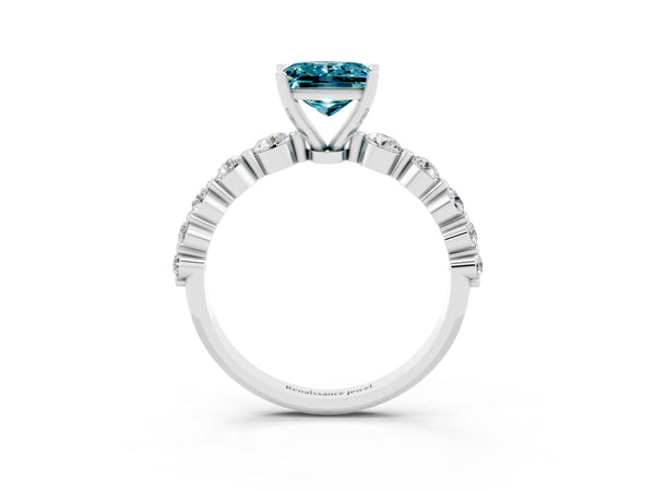 Silver Princess Cut Solitaire Blue Topaz Ring with Pave Band and Four-Prong Setting
