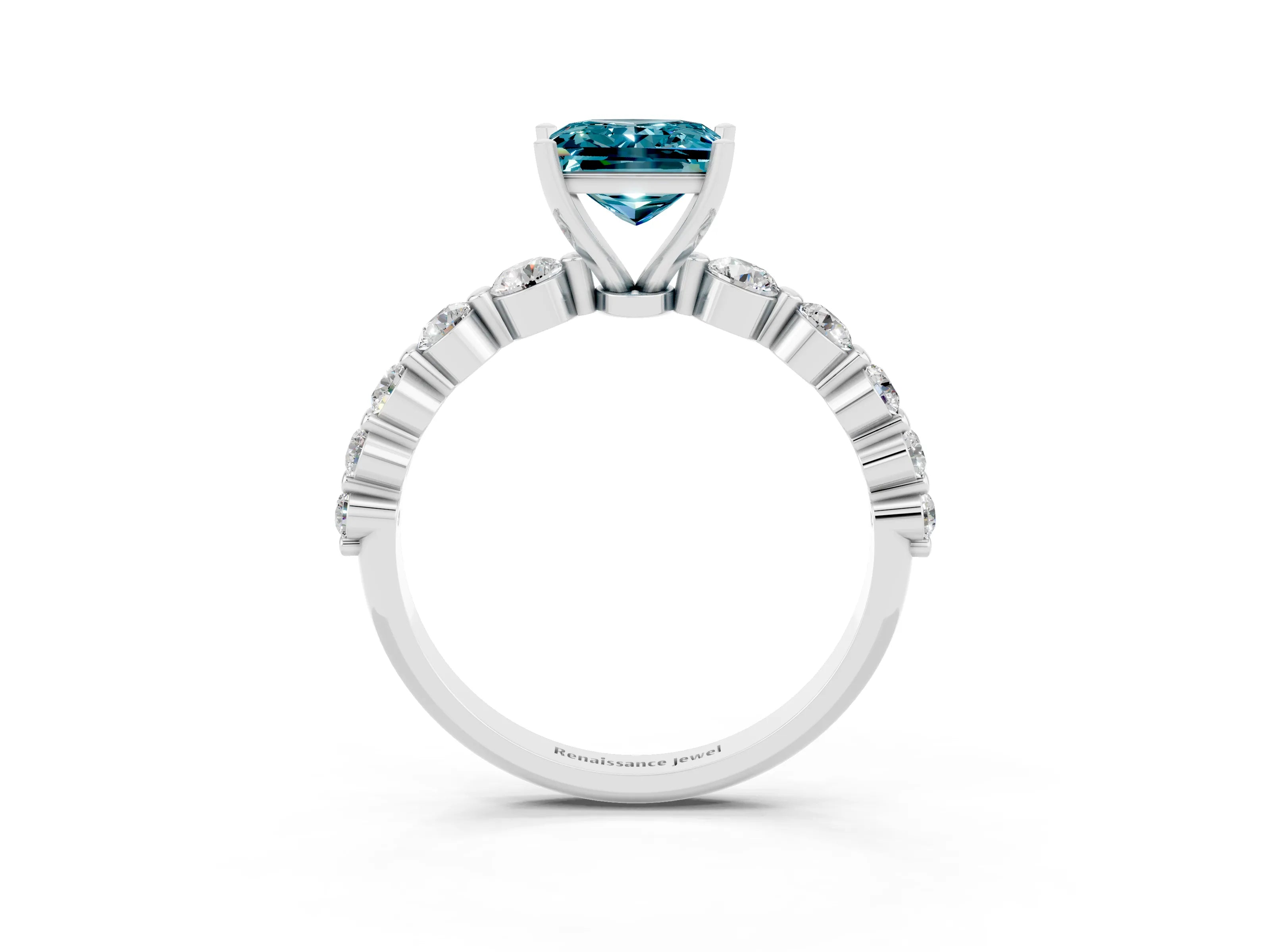 White gold Princess Cut Solitaire Blue Topaz Ring with Pave Band and Four-Prong Setting_3