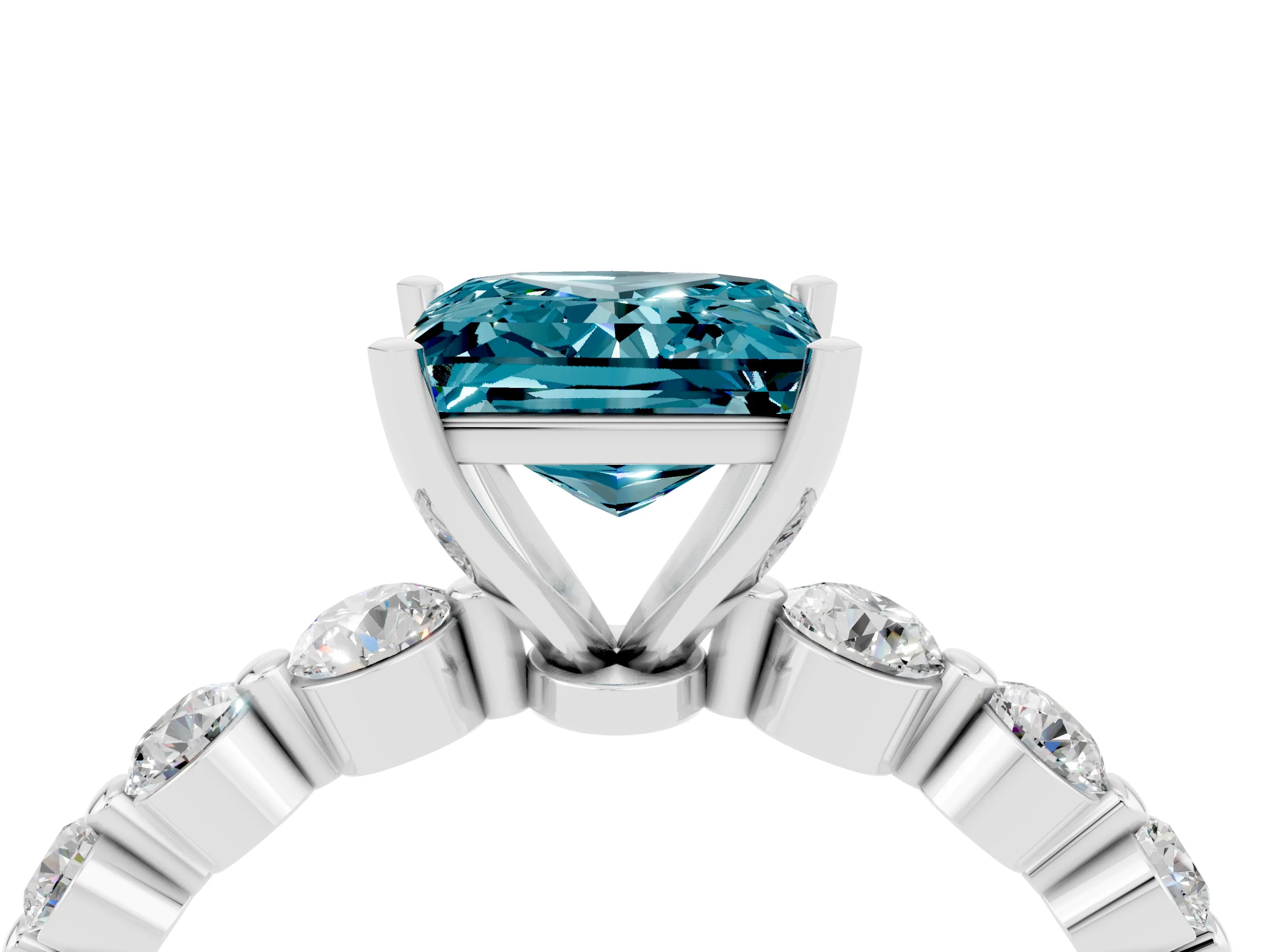 White gold Princess Cut Solitaire Blue Topaz Ring with Pave Band and Four-Prong Setting_4