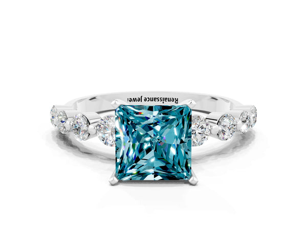 Silver Princess Cut Solitaire Blue Topaz Ring with Pave Band and Four-Prong Setting