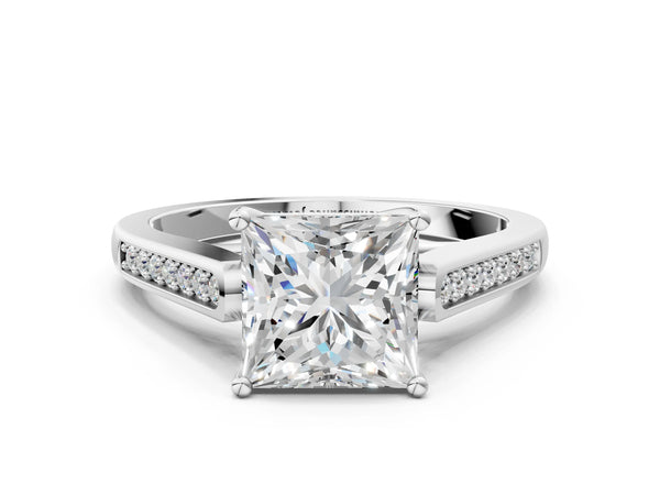 Platinum Princess Cut Solitaire Cathedral Diamond Engagement Ring with Channel-Set Band and Four-Prong Setting