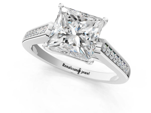 Platinum Princess Cut Solitaire Cathedral Diamond Engagement Ring with Channel-Set Band and Four-Prong Setting