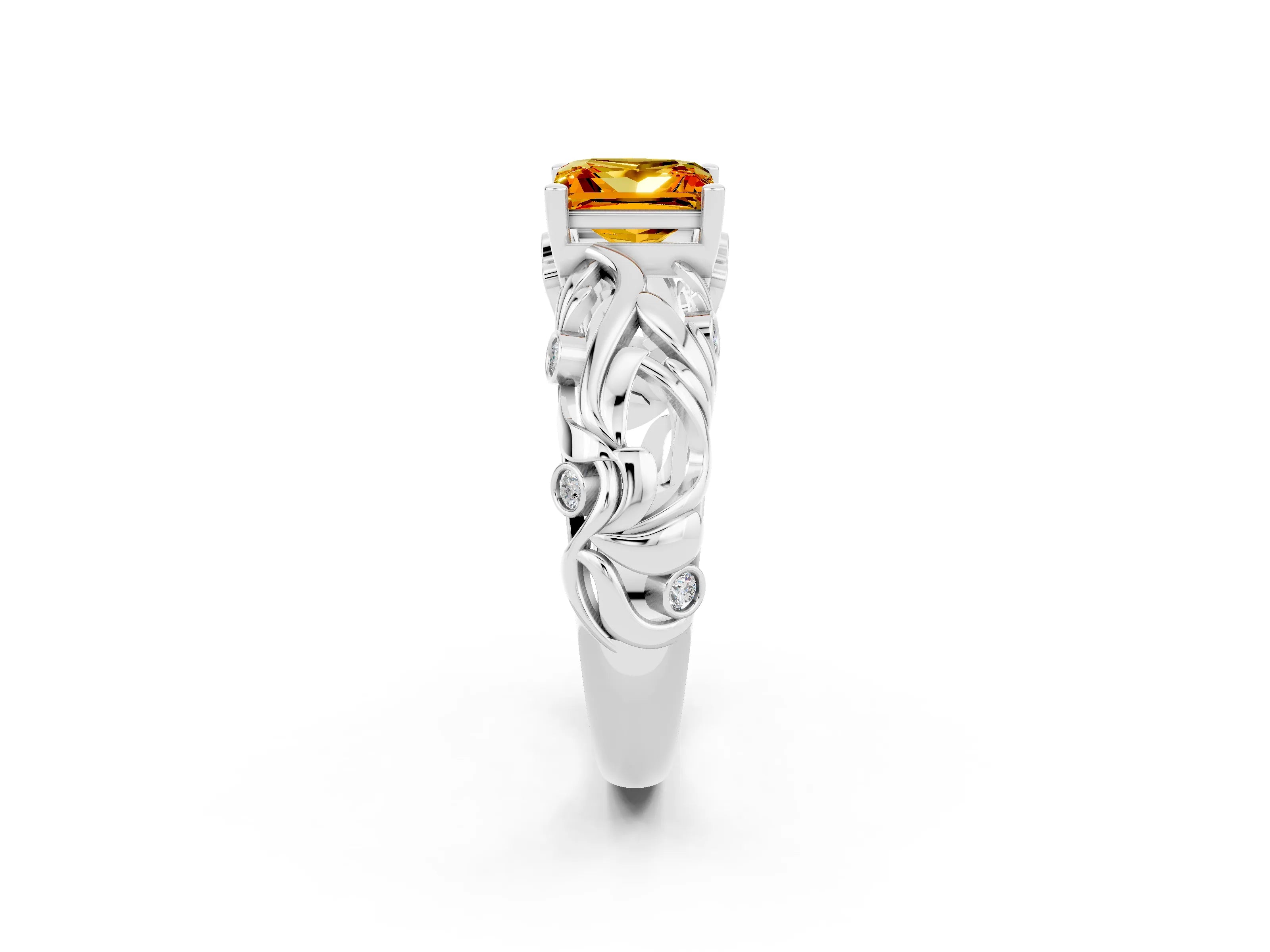 White gold Princess Cut Solitaire Citrine Leaf-Inspired Vine Band Ring with Prong Setting_2