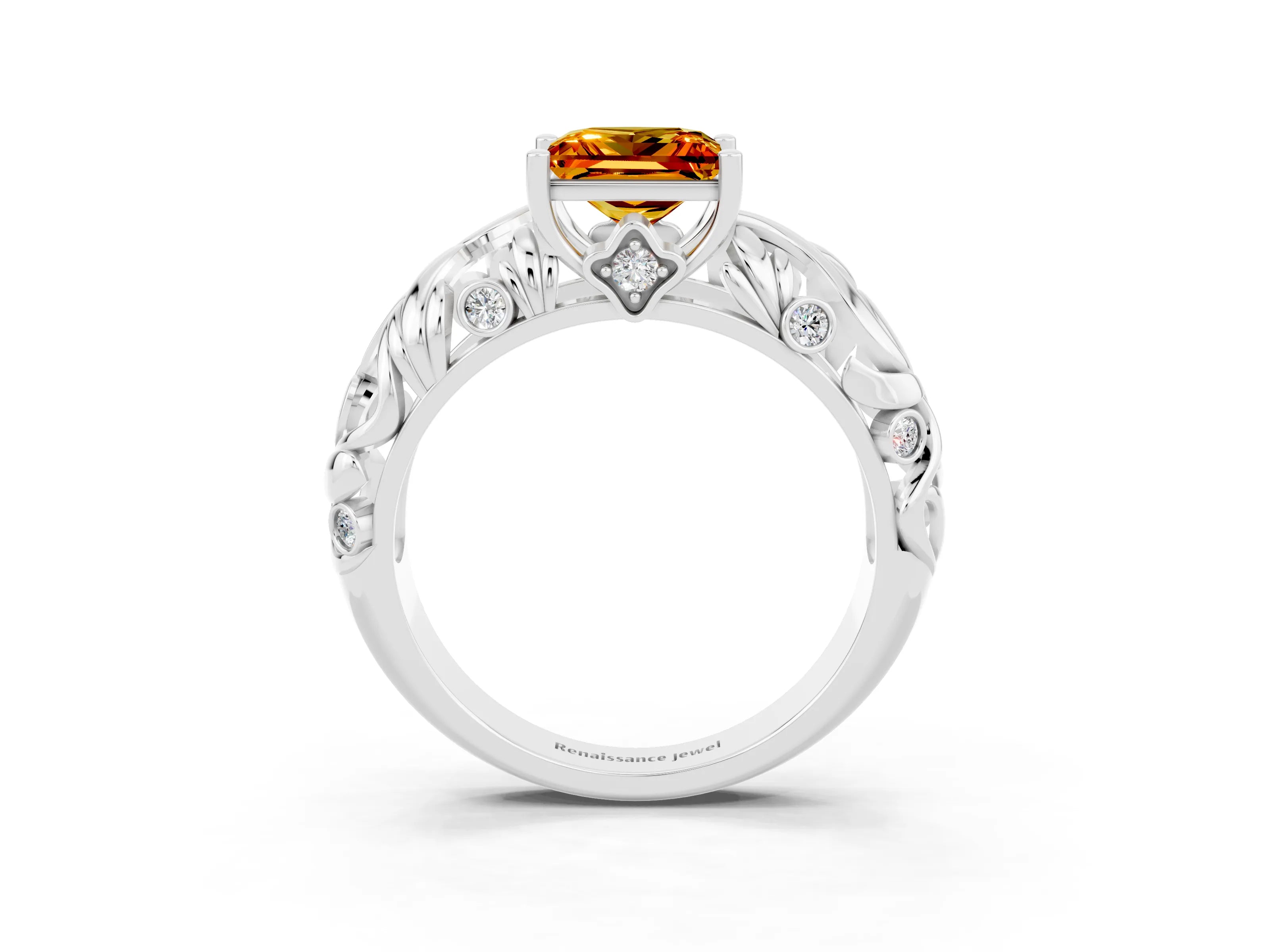 White gold Princess Cut Solitaire Citrine Leaf-Inspired Vine Band Ring with Prong Setting_3