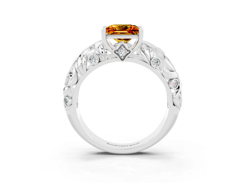 White gold Princess Cut Solitaire Citrine Leaf-Inspired Vine Band Ring with Prong Setting_3
