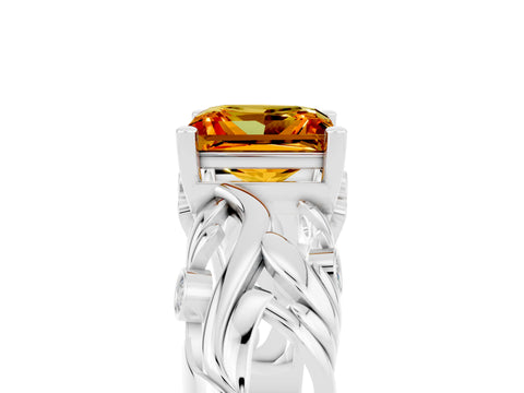 White gold Princess Cut Solitaire Citrine Leaf-Inspired Vine Band Ring with Prong Setting_5