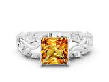 White gold Princess Cut Solitaire Citrine Leaf-Inspired Vine Band Ring with Prong Setting