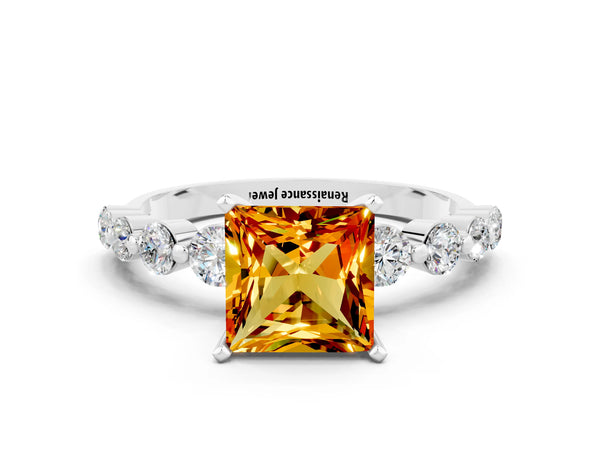 White gold Princess Cut Solitaire Citrine Ring with Pave Band and Four-Prong Setting