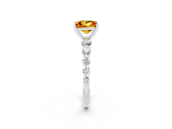 Platinum Princess Cut Solitaire Citrine Ring with Pave Band and Four-Prong Setting