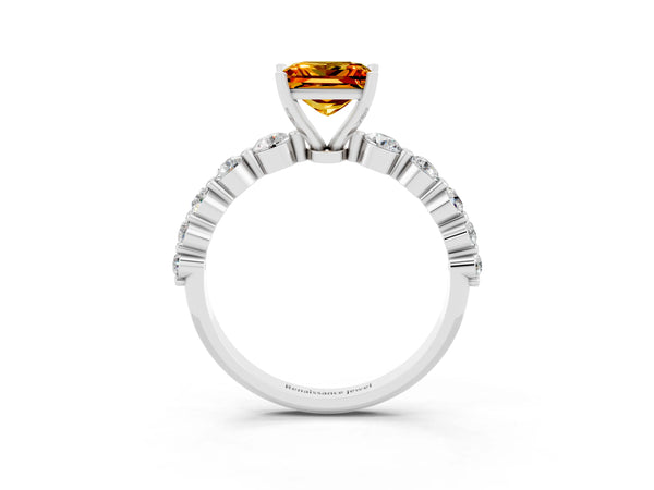 Platinum Princess Cut Solitaire Citrine Ring with Pave Band and Four-Prong Setting