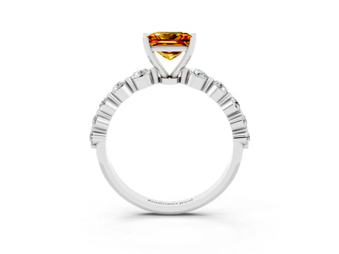 White gold Princess Cut Solitaire Citrine Ring with Pave Band and Four-Prong Setting_3