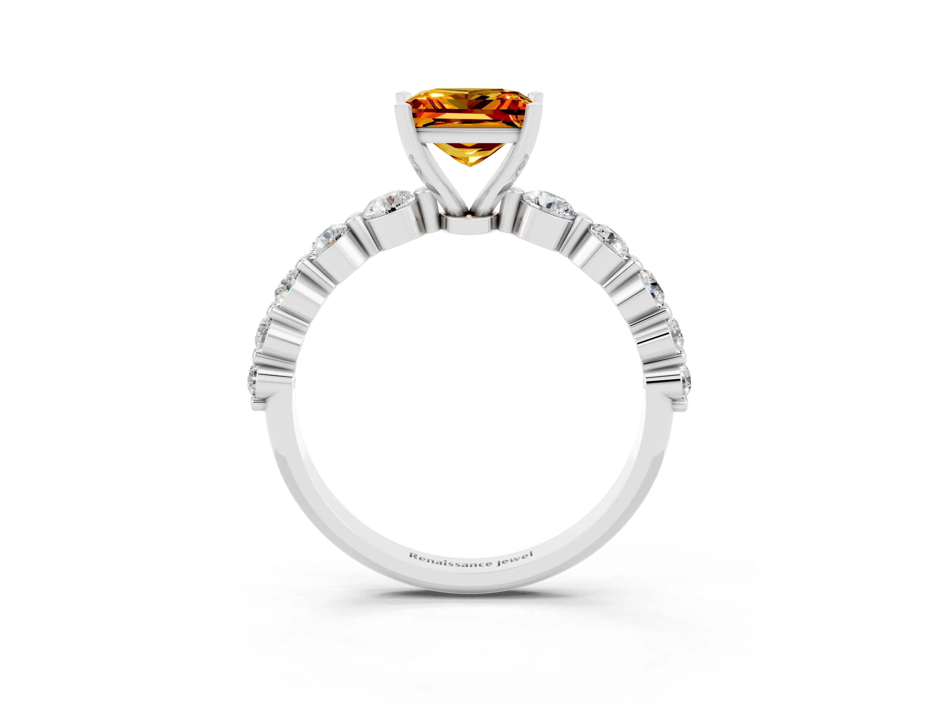 White gold Princess Cut Solitaire Citrine Ring with Pave Band and Four-Prong Setting_3