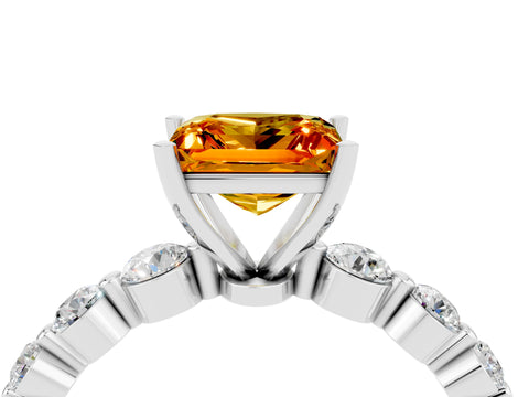 White gold Princess Cut Solitaire Citrine Ring with Pave Band and Four-Prong Setting_4