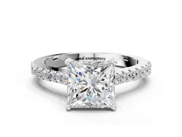 White gold Princess Cut Solitaire Diamond Engagement Ring with Pave Band and Four-Prong Setting
