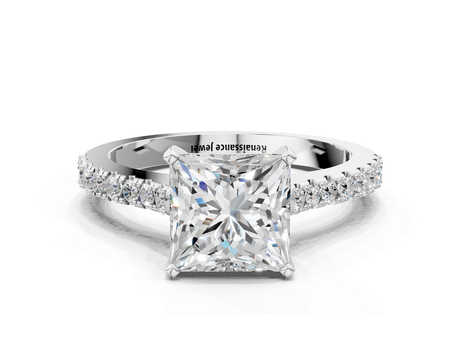 White gold Princess Cut Solitaire Diamond Engagement Ring with Pave Band and Four-Prong Setting
