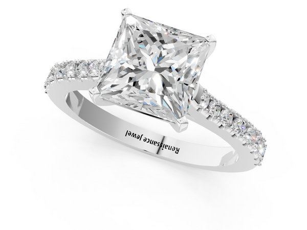 White gold Princess Cut Solitaire Diamond Engagement Ring with Pave Band and Four-Prong Setting