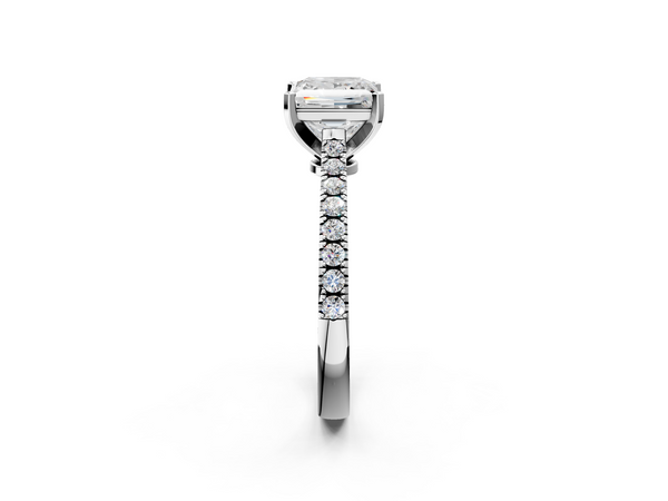 White gold Princess Cut Solitaire Diamond Engagement Ring with Pave Band and Four-Prong Setting