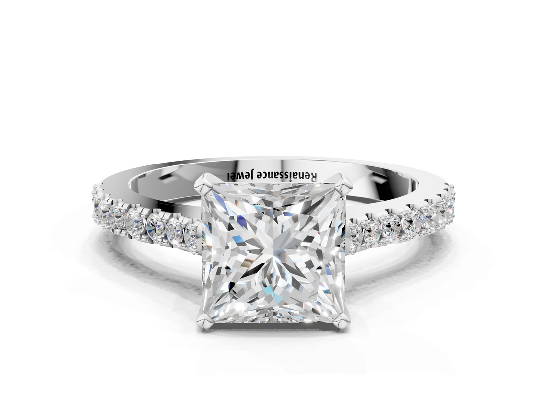 White gold Princess Cut Solitaire Diamond Engagement Ring with Pave Band and Four-Prong Setting_213