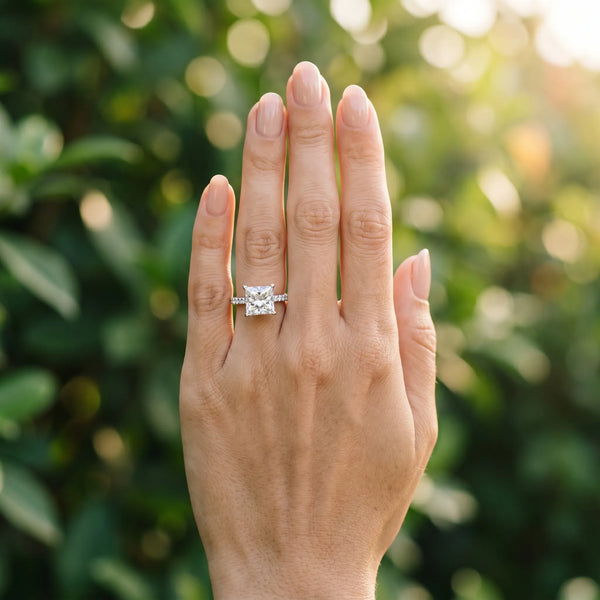 White gold Princess Cut Solitaire Diamond Engagement Ring with Pave Band and Four-Prong Setting