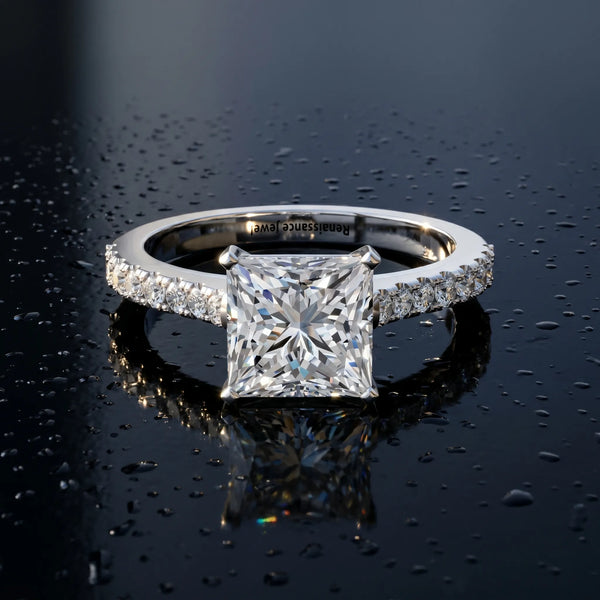 White gold Princess Cut Solitaire Diamond Engagement Ring with Pave Band and Four-Prong Setting