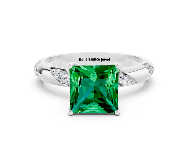 White gold Princess Cut Emerald Solitaire Engagement Ring with Twisted Round  Accent Band and Prong Setting