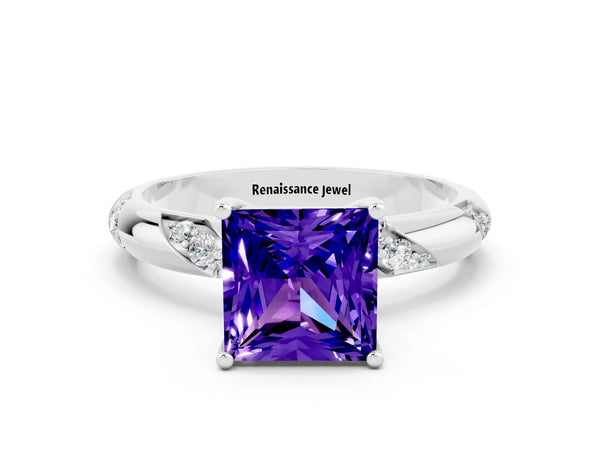 Platinum Princess Cut Tanzanite Solitaire Engagement Ring with Twisted Round  Accent Band and Prong Setting