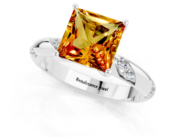 Silver Princess Cut Citrine Solitaire Engagement Ring with Twisted Round  Accent Band and Prong Setting