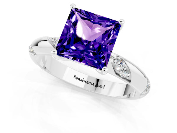 Platinum Princess Cut Tanzanite Solitaire Engagement Ring with Twisted Round  Accent Band and Prong Setting