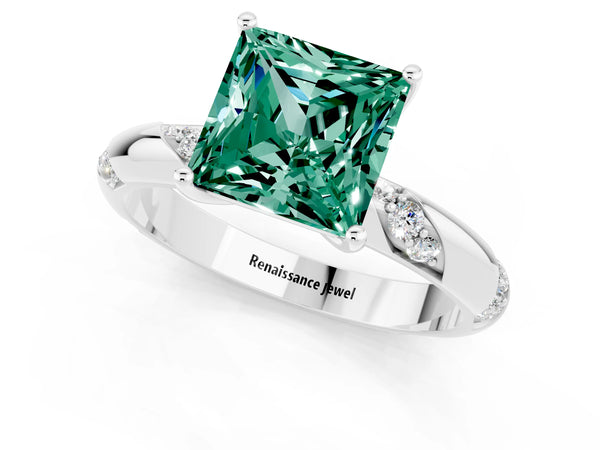 White gold Princess Cut Green Sapphire Solitaire Engagement Ring with Twisted Round  Accent Band and Prong Setting