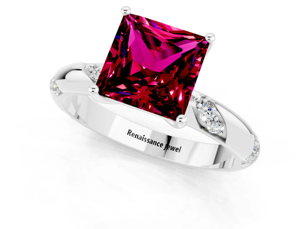 Silver Princess Cut Garnet Solitaire Engagement Ring with Twisted Round  Accent Band and Prong Setting