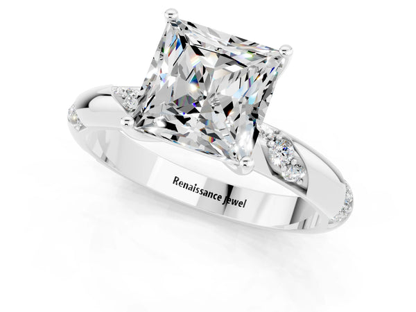 White gold Princess Cut Moissanite Solitaire Engagement Ring with Twisted Round  Accent Band and Prong Setting
