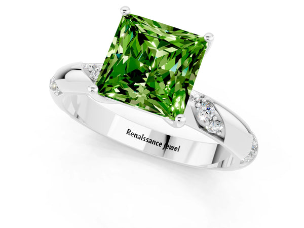 Silver Princess Cut Solitaire Diamond Engagement Ring with Twisted Pave Band and Four-Prong Setting