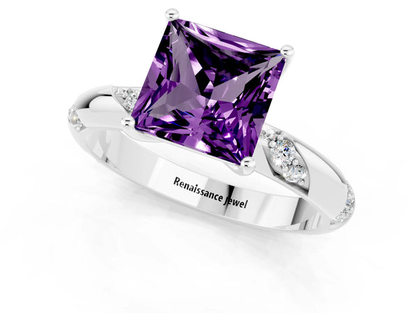 White gold Princess Cut Amethyst Solitaire Engagement Ring with Twisted Round  Accent Band and Prong Setting