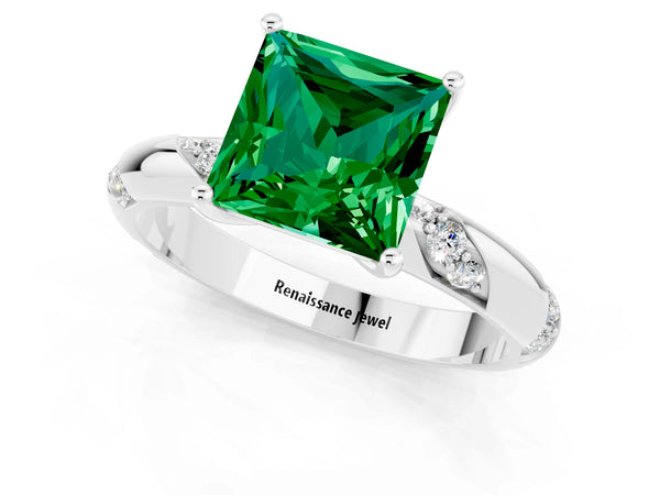 Platinum Princess Cut Emerald Solitaire Engagement Ring with Twisted Round  Accent Band and Prong Setting