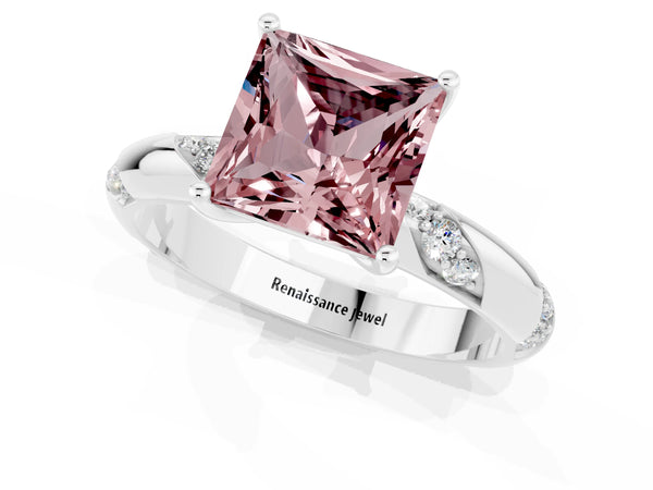 Silver Princess Cut Solitaire Diamond Engagement Ring with Twisted Pave Band and Four-Prong Setting