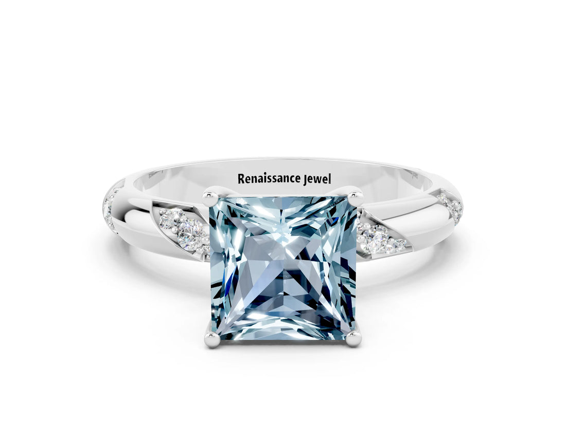 White gold Princess Cut Solitaire Diamond Engagement Ring with Twisted Pave Band and Four-Prong Setting