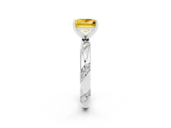Platinum Princess Cut Yellow Sapphire Solitaire Engagement Ring with Twisted Round  Accent Band and Prong Setting