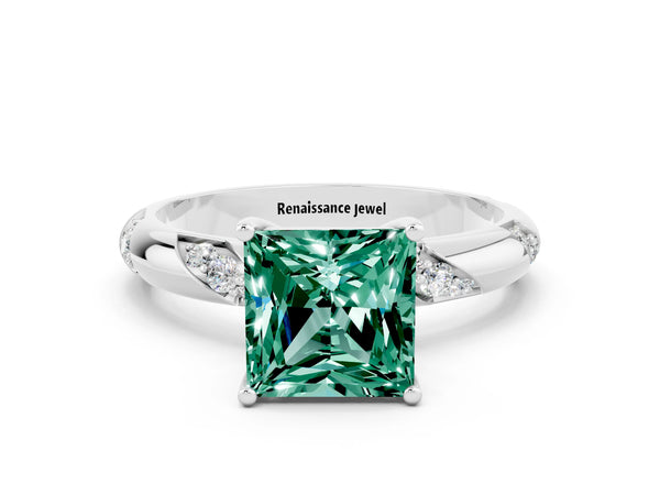 White gold Princess Cut Green Sapphire Solitaire Engagement Ring with Twisted Round  Accent Band and Prong Setting