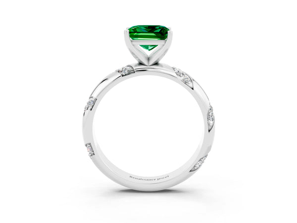 Platinum Princess Cut Emerald Solitaire Engagement Ring with Twisted Round  Accent Band and Prong Setting