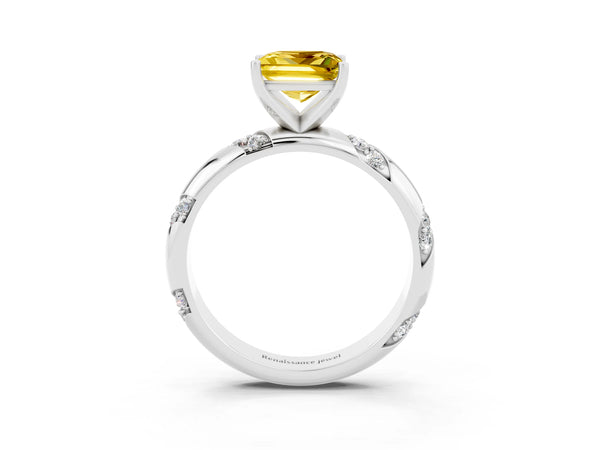 Platinum Princess Cut Yellow Sapphire Solitaire Engagement Ring with Twisted Round  Accent Band and Prong Setting